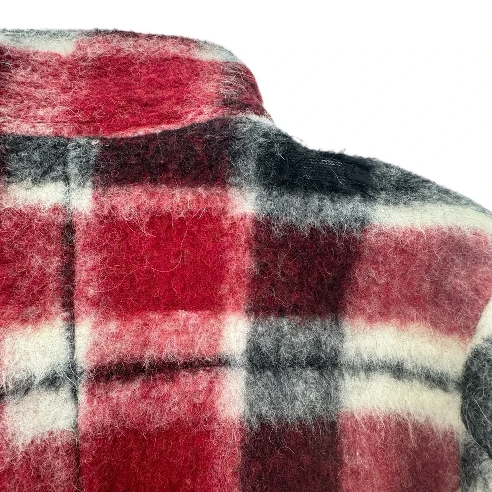 Zara Wool‎ Mohair Jacket Maroon/Black/White Plaid Asymmetric Snap Close Womens S